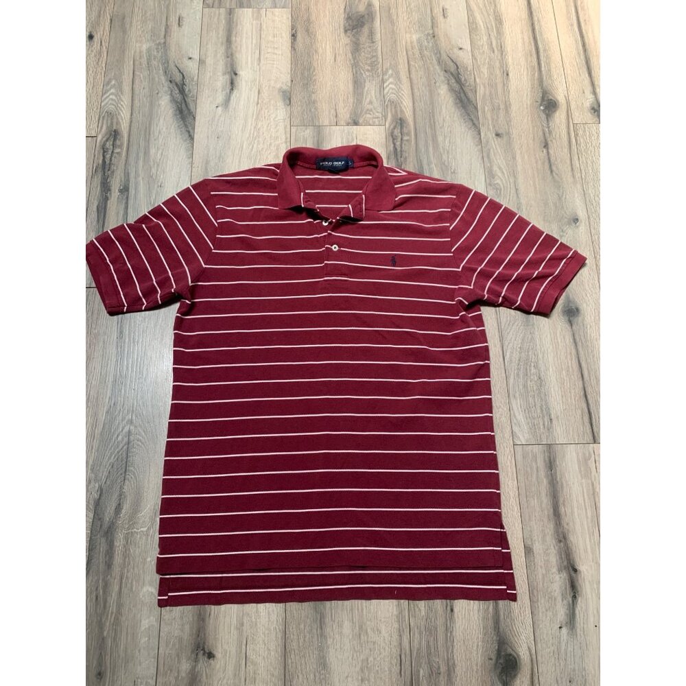 Polo Golf Ralph Lauren Men’s L Polo Shirt Maroon White Stripe Blue Logo Hit Cott